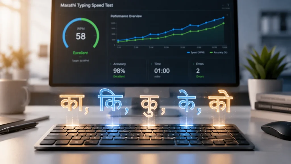 A modern computer keyboard on an office desk with glowing 3D Marathi Barakhadi Typing practice script letters floating above the keys, showcasing a typing speed test on a monitor in the background.