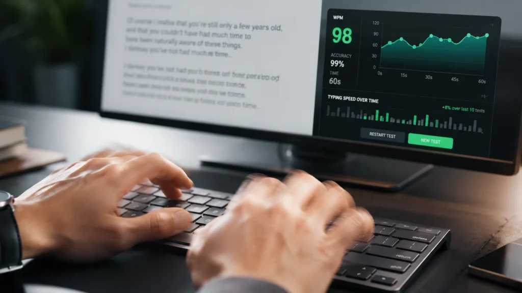 A close-up shot of a person's hands positioned on the home row keys of a modern keyboard, mid-motion with a slight blur to show speed during an English paragraph typing practice session, with a blurry monitor displaying WPM tracking stats in the background.